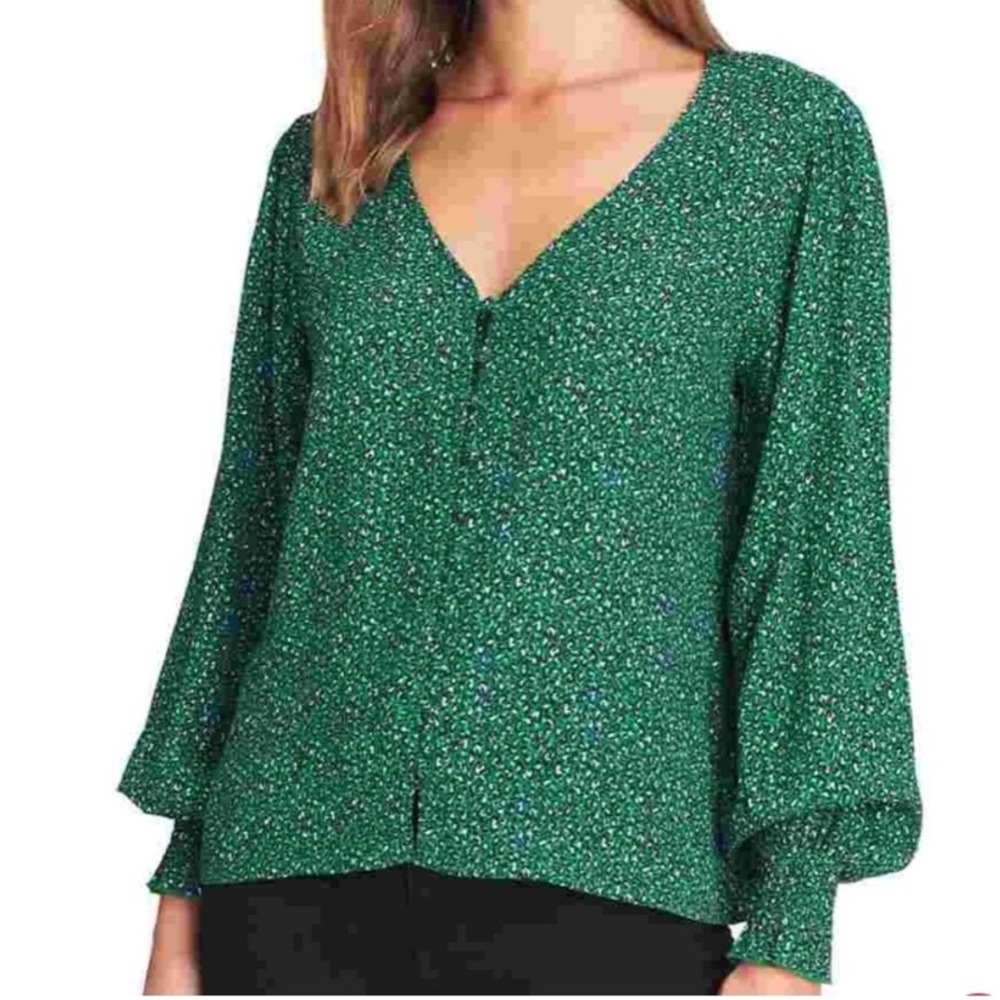 Sanctuary Noelle Smocked Cuff Blouse Green Leopard Print V-Neck Button Front Top